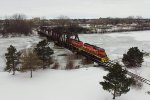 Crossing the old swing bridge, 3414 & 3484 head for Durand with 702